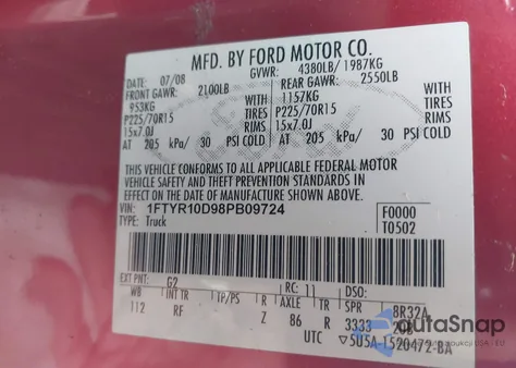 2008 Ford Ranger Xl/Xlt z USA, uszkodzony, nr VIN 1FTYR10D98PB09724